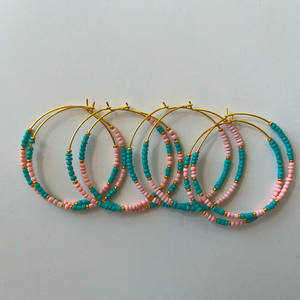 Seed Bead Hoop Earrings - Pink/Turquise/Gold Metallic